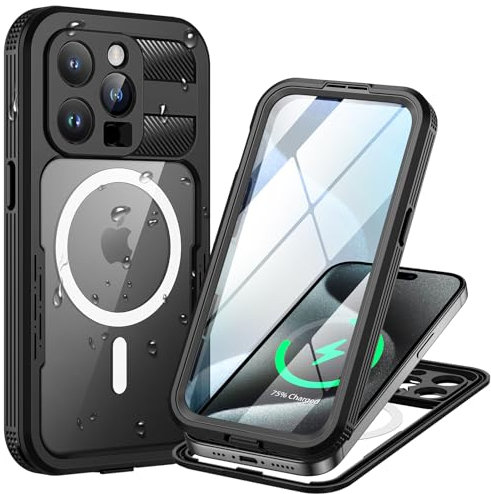 Lanhiem for iPhone 15 Pro Max Waterproof Case, [Compatible with MagSafe] Heavy Duty Shockproof Dustproof Cover with Screen Protector, Front and Back Magnetic Case for 15 Pro Max - 6.7 inch (Black)