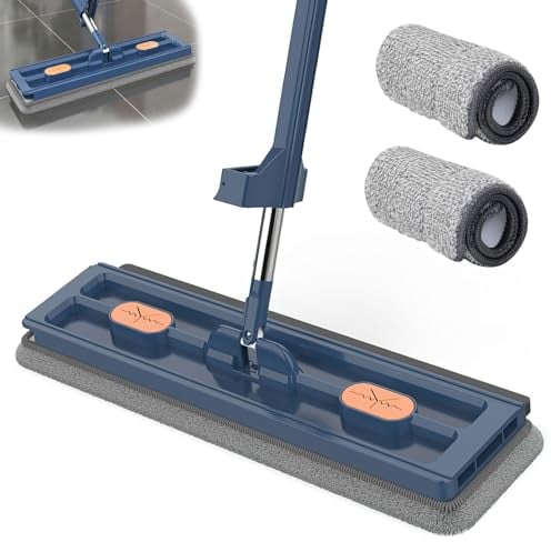 Trapeador Plano Grande, 360° Rotating Mop with Dewatering Scraper, Mopa Plana Industrial De Algodón De 137cm con 2 Almohadillas De Microfibr para Limpieza En Seco Y En Húmedo
