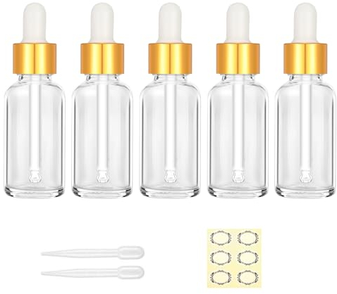 Apstaqeoo 5Pcs 30ML Transparent Glass Droper Bottles with Glass Pipette, Refillable Eye Dropper Bottle Empty Tincture Bottles with Gold Cap/Label/Dropper for Essential Oils Perfume Aromatherapy
