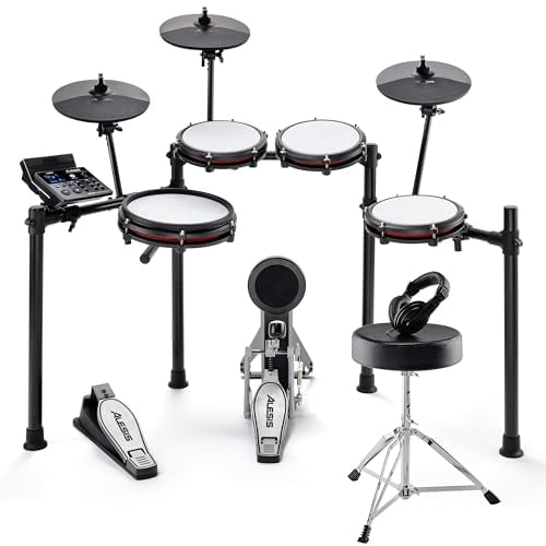 Alesis Nitro Max Batteria Elettronica con Pelli Mesh Silenziose, Rullante a Doppia Zona da 10, Bluetooth, 440+ Suoni Autentici, Drumeo, USB Midi, Pedale Grancassa, Sgabello e Cuffie