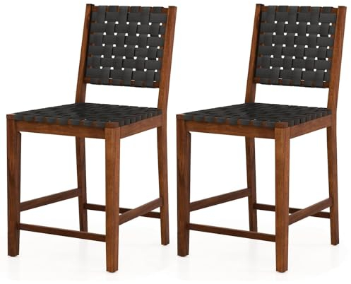GIANTEX Barhocker 2er Set, armloser Barstuhl mit geflochtener Rückenlehne & bequemer Fußstütze & Massivholzrahmen, moderner Esszimmerstuhl für Bistro, Esszimmer, Wohnzimmer, Küche, braun