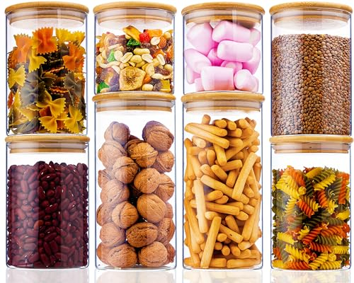 Deco haus® Tarros de Cristal con Tapa hermética, Juego de 8 [+ Etiquetas], Botes Cocina Almacenaje, Tarros Cristal con Tapa de Madera, Frascos de vidrio Apto para Harina, Café, Pasta