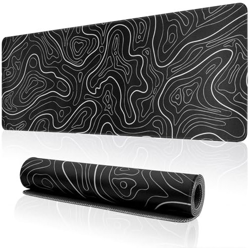 Gaming Mouse Pad Topographic Map Long Mousepad Large 31.5 X 11.8 Inch Desk Mat with Non-Slip Base Stitched Edge Keyboard Mat for Office Desk Pad (Black)
