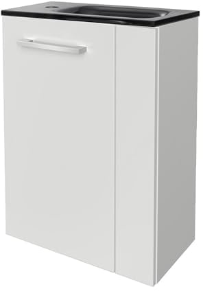 FACKELMANN SCENO Gäste-WC Set 2 Teile – Waschtischunterschrank in Weiß mit Waschbecken aus Glas in Anthrazit – SBC Waschbeckenunterschrank schmal – Türanschlag Links – 45 cm breit