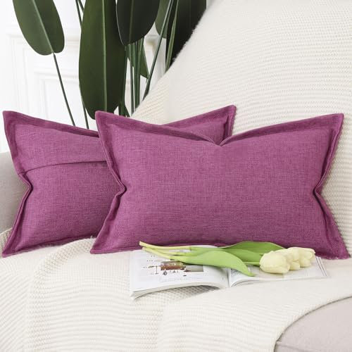 Madizz Juego de 2 Suave Lino Decorativo Funda de cojíns con Borde Ancho Lujo Estilo Fundas de Almohada para el sofá Dormitorio Fucsia Rectangular 40 x 60 cm