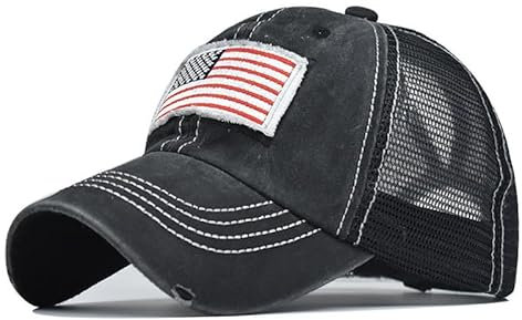 haozaikeji Distressed Baseball Cap for Women Half Mesh USA Flag Embroidery Cotton Summer Sun Hat with Ponytail Hole Vintage Casual Trucker Cap Adjustable Washed Denim Long Peak Sports Hat for Outdoor