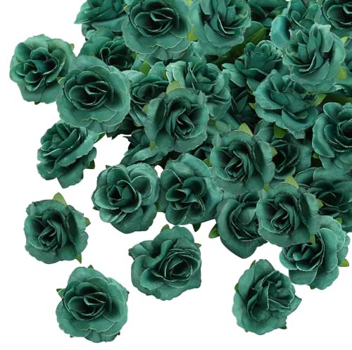 Kesote 50 Pcs Fleurs Artificielles Deco Tête de Rose 4cm, Fausse Fleur Artificielles Roses pour Décoration de Fête Mariage Album Maison, Vert