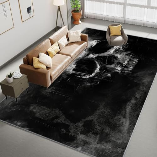 Generic Teppich 80x150 cm, Schwarz, Schädel, Totenkopf Im Dark-Fantasy-Stil, Rutschfest, Flanell, Wohnzimmer