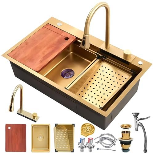 Fregadero Cocina 80x45cm, Multifuncional Fregadero de Cocina de 1 Cubeta, Dorado Fregadero de Acero Inoxidable, con lavadora de vidrio, Kit de Drenaje Filtro, sifón así como otros accesorios