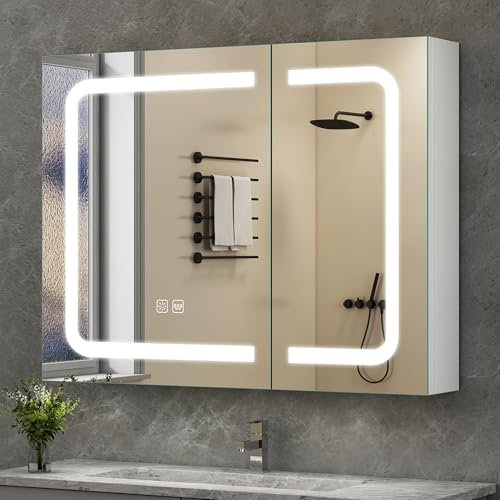 S'bagno Bathroom Mirror Cabinet with Lights 800x600mm, Mirrored with Demister Pad, 3 Colour Light, Adjustable Shelf, IP44 Rated, Wall Mounted with Socket, White