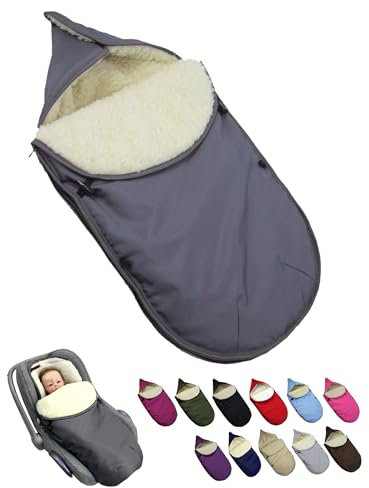BambiniWelt Winterfußsack für Babyschale & Kinderautositz – universal für 3- & 5-Punkt-Gurtsysteme – Gruppe 0+ – Lammwolle, waschbar – warm & bequem für unterwegs, Farbe: dunkelgrau