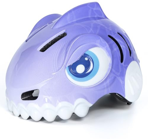 FUNWICT Casco Bicicleta Niño 3D Animados Casco Bici para Niños y Niñas de 3-8 Años Ajustable Casco Bici Bebe con Juego Protectores para Bicicleta, Patinete y Skateboard (Morado, S: 50-54 cm)