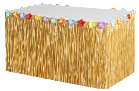 275 x 75 cm hawaiianischer Luau-Gras-Tischrock, Kunststoff-Tischschlangen, Stroh, Hawaii-Tischrock, tropische Blume, Tischrock, Party-Tischsockel mit Hibiskusblumen, Tischfransen, Girlande,