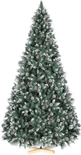 Clevich 240cm Albero di Natale Innevato, Albero di Natale Artificiale Folto, Aghi di Pino Pretrattati Realistici, con Pigne, Base di Legno, 2196 Punte, Facile Montaggio, per Casa, Ufficio e Negozio