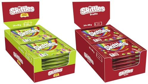 Skittles Mix Crazy Sours 14x38g & Fruits 14x38g Süßigkeiten, Kaubonbons mit Orange, Limette, Zitrone und weiteren Sorten, Vegane Süßigkeiten, süß und fruchtig