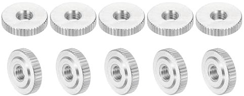 sourcing map 10 tuercas de pulgar moleteadas M4, acero inoxidable 304, cabeza plana moleteada redonda, tuerca de mango a través del agujero, tuercas de ajuste de bloqueo, tipo fino, color plateado
