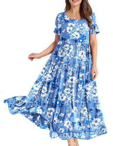 YESNO Women Dresses Casual Plus Size Bohemian Short Sleeve Floral Long Maxi Summer Beach Swing Dress/Pockets M EJFUK CR435