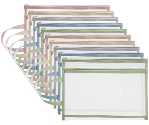 10 Pack Colored Mesh Zipper Pouch Bags, A4 Double-Layer Nylon Puzzle Building Blocks Toy Storage Bags, Zip File Bags See Through Mesh Bags with Handles for School Office Home Game