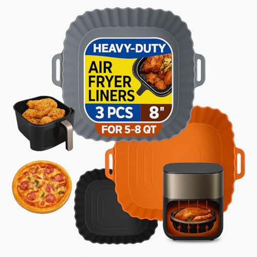 Silicone Air Fryer Liners 3 Pack – Reusable, BPA Free, Non-Stick, Heat Resistant up to 220°C – Square Air Fryer Basket Liners – Black, Brown, Grey – 8 Inch