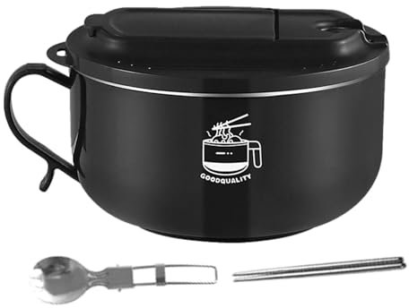 Cuenco para fideos con tapa y mango – Sopera térmica de acero inoxidable lavable, juego de recipientes de alimentos | Cuenco Ramen portátil con cierre hermético para almuerzo instantáneo, olla