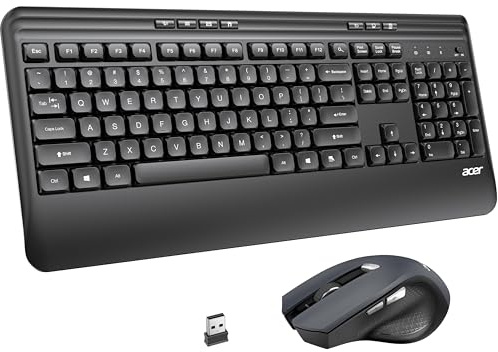 acer Tastatur Maus Set Kabellos, 2.4 GHz, Ergonomische Tastatur und Maus Combo in Voller Größe mit Handgelenkauflage, USB-Empfänger 2 in 1, Multimedia-Hotkeys für PC, Laptop - Deutsches Layout