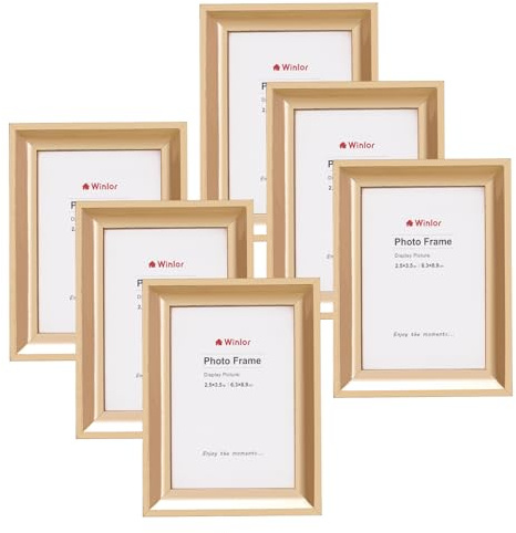 Winlor Mini-Bilderrahmen 2,5 x 3,5 Zoll (6er-Pack) Kleines Polaroid-Fotorahmen-Set für Familie, Tisch und Wand, Dekoration für Zuhause und Büro, Gold