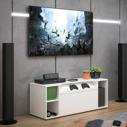 Forte TEZAUR TV-Schrank 120, moderner TV Schrank, hängend, Schwebeoptik, Beleuchtung, Wohnzimmer, Jugendzimmer, Holzwerkstoff, Weiß, 120 cm breit x 45 cm hoch x 42 cm tief