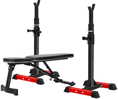 Bundle ISE Squat Rack Hantelständer mit 6 Höhenverstellbar SY-RK1001 mit Klappbare Hantelbank Multifunktion Training Fitness Bank mit 6-Fach Verstellbarer Rückenlehne Bankdrücken SY-5021
