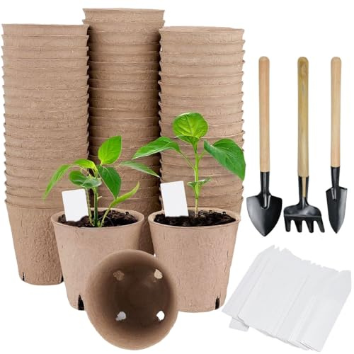 WANTOUTH 50 Stück Anzuchttöpfe Biologisch Abbaubare 8cm Pflanztöpfe aus Pflanzenfaser Rund Torffrei Aussaattöpfe für Pflanzen Set mit 50 Tags 3 Werkzeuge Pflanztopf Saattopf Pflanzenanzucht
