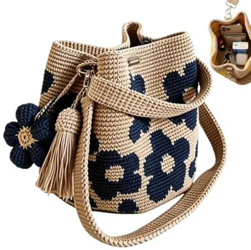 Kryilut Handgehäkelte Blumentasche, Handmade Crochet Flower Tote, Häkeltasche für Damen, Gestrickte Handtasche mit Blumenmuster & Quastenanhänger (Blau)