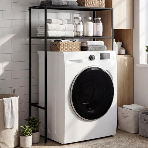 CLP Waschmaschinenregal Überbau Kendal, Überbauregal Waschmaschine und Trockner, Toilettenregal aus Metall, 2 Ablagen für Badezimmer Farbe schwarz