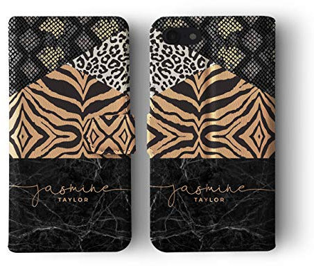 Tirita Personalised Initials Custom Wallet Leather Flip Phone Case Compatible with iPhone 5 / 5s / SE 2016 PRINTED GLITTER, NOT REAL GLITTER Animal Print Leopard Cheetah Snake Tiger