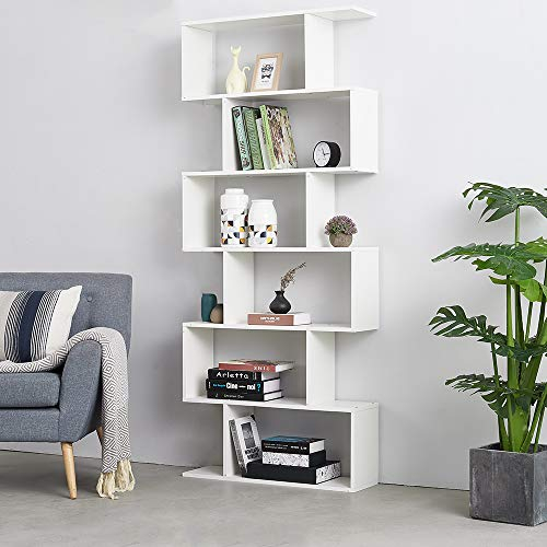 Panana White Wooden Bookcase 6 Tier Shelves Bookshelf S Shape Storage Display Shelf Room Divider Unit Chest Cupboard Cabinet Free Standing Shelving Storage Organizer Unit for Living Room (White)