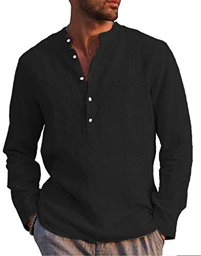AUDATE Mens Cotton Linen Henley Shirt Fall Winter Casual Long Sleeve Tops Shirt Black 2XL