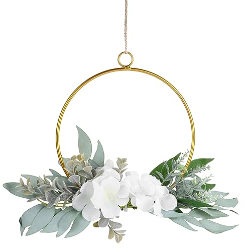 VALICLUD Künstliche Blumen Türkranz Metall Blumenkranz Floral Wandkranz Metallkranz Eukalyptus Kranz Girlande Metallringe Hochzeit Türschild für Frühling Haustür Deko Anhänger Wohnzimmer Wanddeko