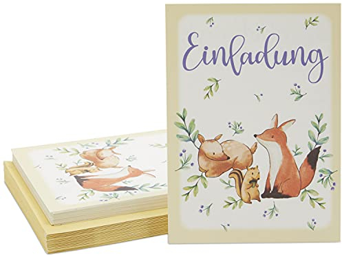 24 Einladungskarten zum Ausfüllen für Kindergeburtstag mit Umschlägen, Niedliches Waldtiere-Motiv, DIN A6