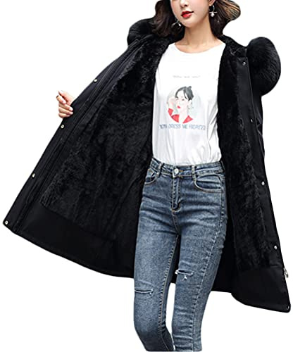 Minetom Manteau Femme Hiver Doudoune Chaud Parka Longue Blouson À Capuche en Fausse Fourrure Trenche Grande Taille Duvet en Coton A Noir M