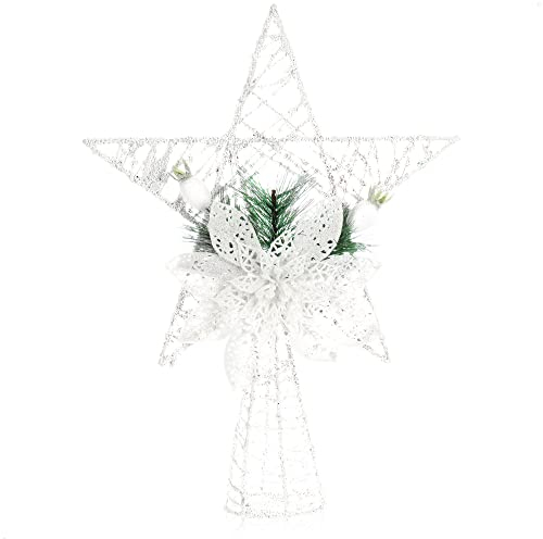 COM-FOUR® Deko Stern Weihnachten - Weihnachtsdekoration Stern aus Metall mit Deko - Aufsteller weißer Weihnachtsstern mit Tannennadel, Blume & Beere