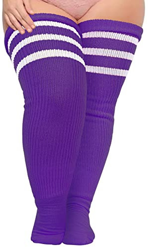 Moon Wood Womens Plus Size Thigh High Socks Extra Long Striped Thick Over the Knee Socks Leg Warmer Boot Stockings Purple & White
