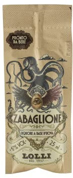Liquore artigianale Zabaglione Lolli Limited Edition. Bustina monodose con cannuccia. 17% vol.