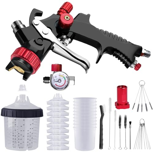 Hvlp - Pistola de pulverización con Taza rápida de Mezcla de Pintura, Kit de Pistola de pulverización de Pintura automotriz Que Contiene manómetro, Boquilla de 1.3 mm, 10 Tazas Desechables de 600 ml