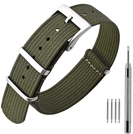 ANNEFIT Cinturino per Orologio in Nylon 20mm per Uomo e Donna con Fibbia Argenta in Acciaio Inossidabile (Verde Oliva)