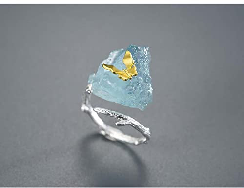 HGJH Ringe Silber, Sterling Silber Ringe Frauen 925 Aquamarin Schmetterling Golden Verstellbare Ringe Mode Elegant Temperament Verstellbare Ringe Energie Charme Schmuck Geschenke Für Männer Damen