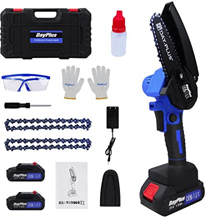 4 Inch Brushless Cordless Chainsaw with 2 x 1500mAh Battery and Charger, Portable Electric Chainsaw Hand Chainsaw 2200 SPM for Tree Branches, Courtyard, Household and Garden