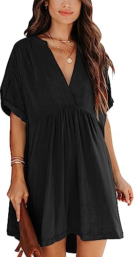Minclouse Women's Babydoll Short Sleeve Tunic Dress V Neck Cute Casual Loose Dresses (Black,X-Large,Female,Adult,US,Alpha,X-Large,Regular,Regular)
