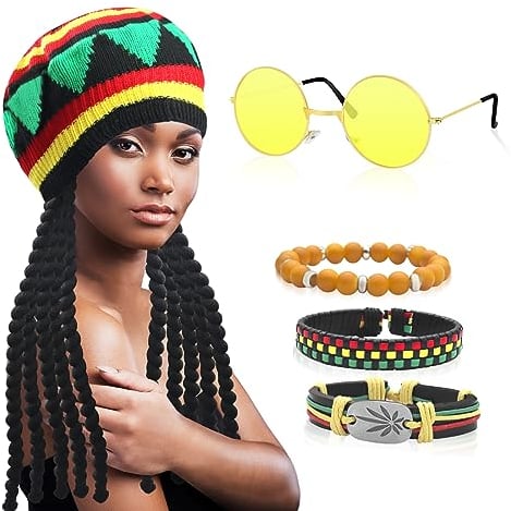 GLGHMH 5pcs Rasta Costume Accessories, Rasta Hat with Black Dreadlocks and Yellow Glasses and 3pcs Bracelet, Caribbean Fancy Dress Costume for Parties, Cosplay