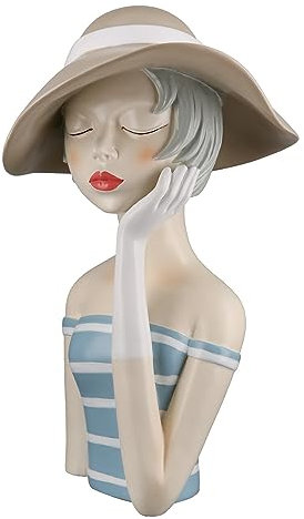 GILDE Deko Skulptur Figur Lady - mit Hut rote Lippen - Dekoration Badezimmer Wohnzimmr - Höhe 32 cm - blau weiß Creme