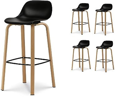 Kosmi - Lot de 4 tabourets de Bar Noirs Style scandinave avec Pieds Effet Bois en métal - Hauteur 66cm