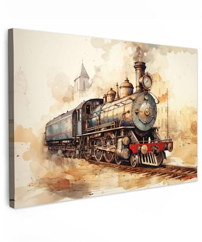MuchoWow© Impression sur Toile Decoration Murale Peinture 60x40 cm Tableaux Decoratifs Muraux Déco Chambre Tableau Salon Vintage - Train - Chemin de fer - Bâtiment - Beige