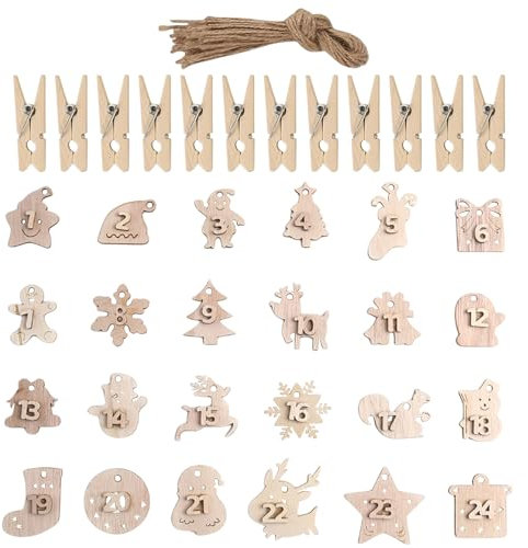 Adventskalender Zahlen Holz, 1-24 Weihnachten DIY Adventskalender Zahl, Weihnachtsbaum Anhänger Ornamente für drinnen und draußen Weihnachten hängende Dekoration ((gemischte Muster))